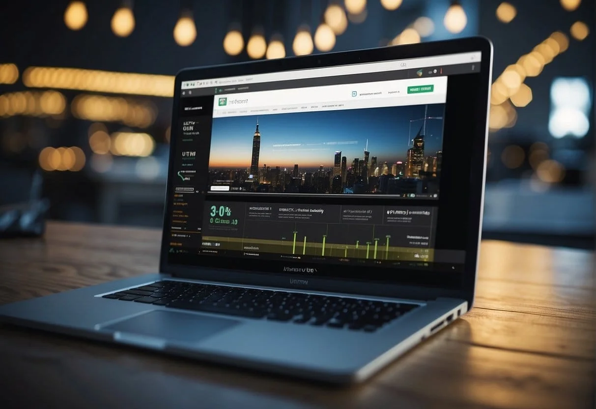 A computer screen displaying a website with UTM parameters in the URL, while a chart shows the increase in traffic and conversions