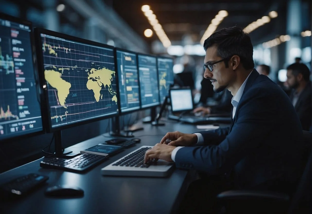 A bustling marketplace with digital screens displaying data on ecommerce growth and strategy planning. Busy analysts discussing market trends and making plans for expansion