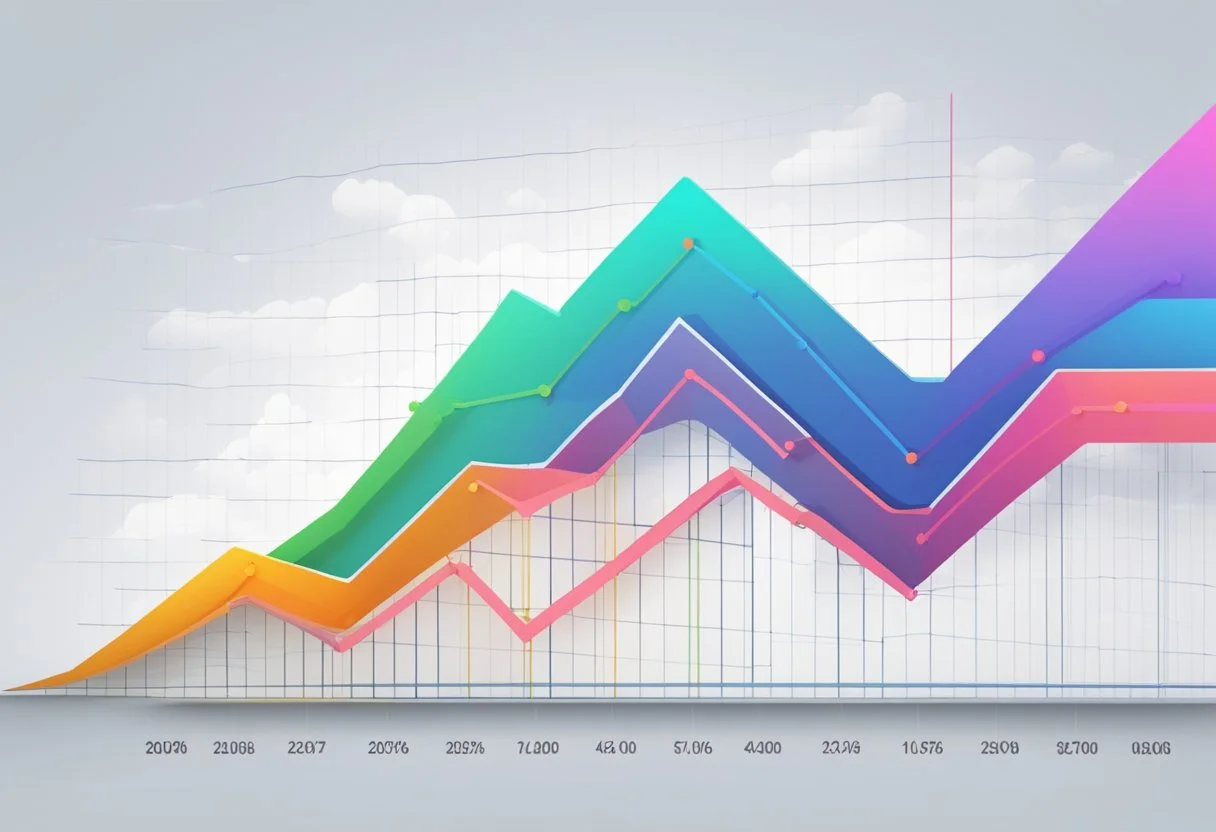 A graph showing steady growth with upward trend lines and data points representing optimization in b2b performance marketing