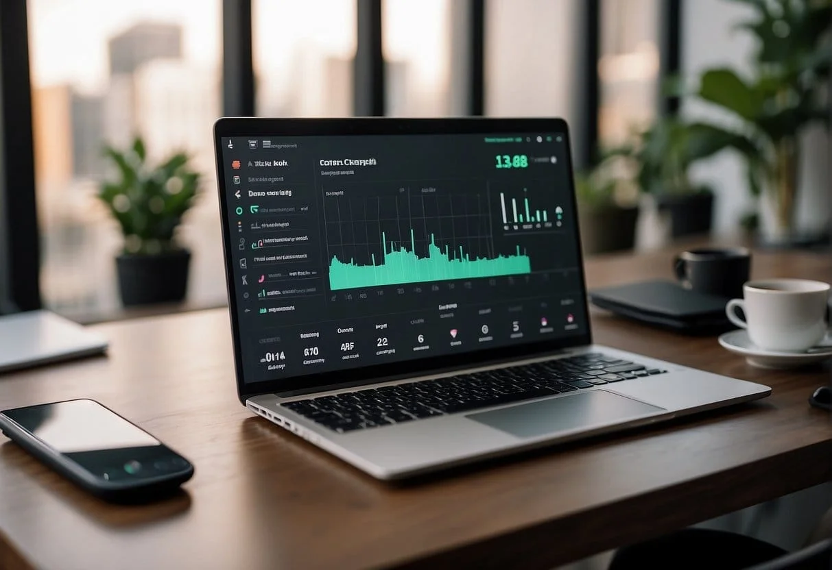 A laptop displaying the TikTok Ads Manager dashboard. A person's hand clicking on "Create Campaign" button. Graphs and charts showing ad performance