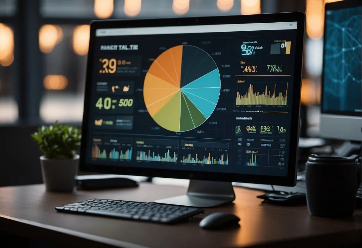 A computer screen displays a dashboard with various data visualizations and charts. A person's hand is seen clicking on different metrics and analyzing the data