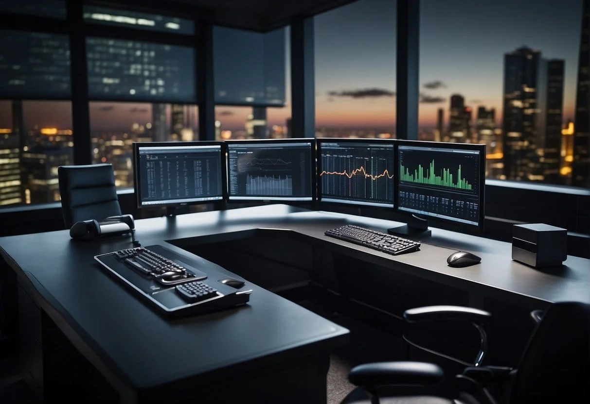 Ringba's technology and tools: a sleek, modern office desk with a computer, phone, and headset. A digital dashboard displays call analytics and performance metrics