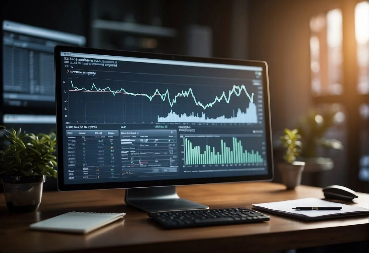 A computer screen displaying various SEO analytics graphs and charts, with a notepad and pen nearby for taking notes