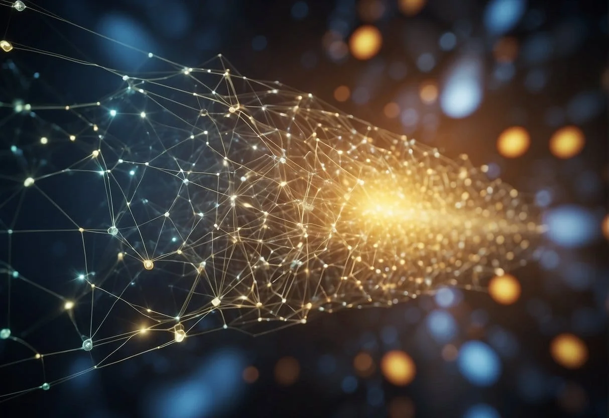 An AI algorithm processes data, while integrating with other systems. Visualize a network of interconnected nodes and data streams