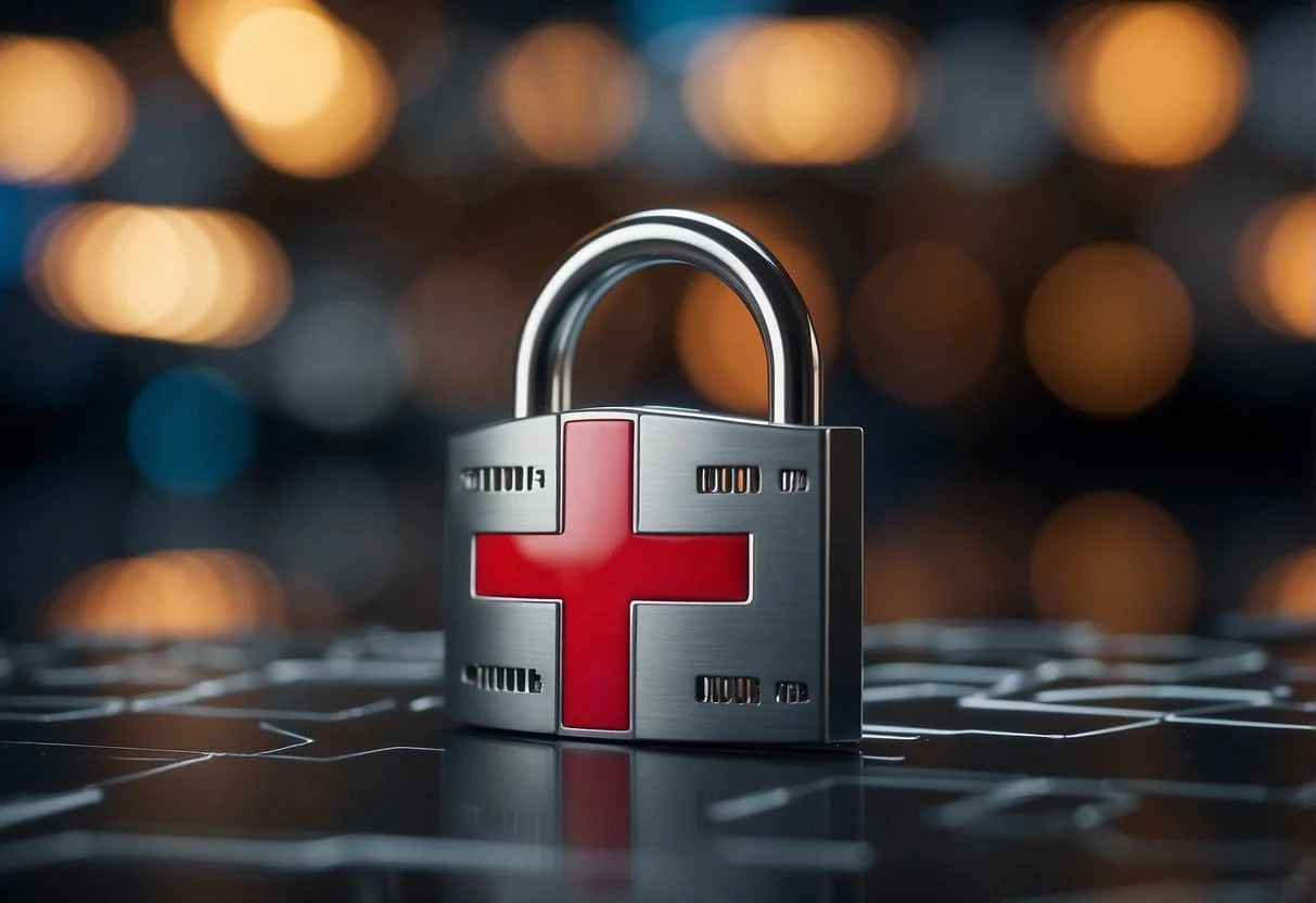 A padlock symbolizing user privacy and a shield representing data protection, surrounded by digital devices and a cookie with a red cross over it