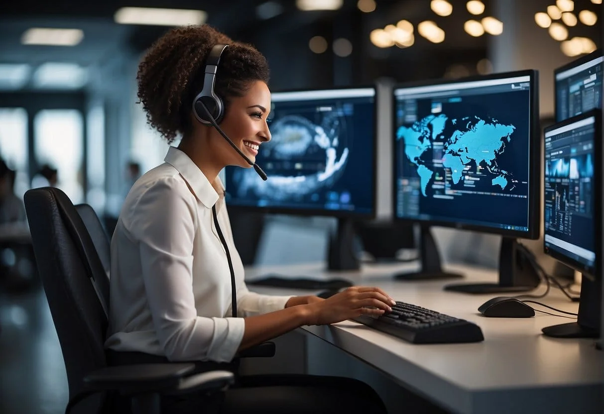 A customer service agent assists a client with a smile, surrounded by computer screens and a phone, representing Shopify support