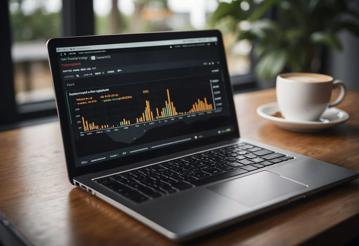A laptop displaying YouTube analytics with graphs and charts, a notepad with audience demographics, and a cup of coffee on a desk