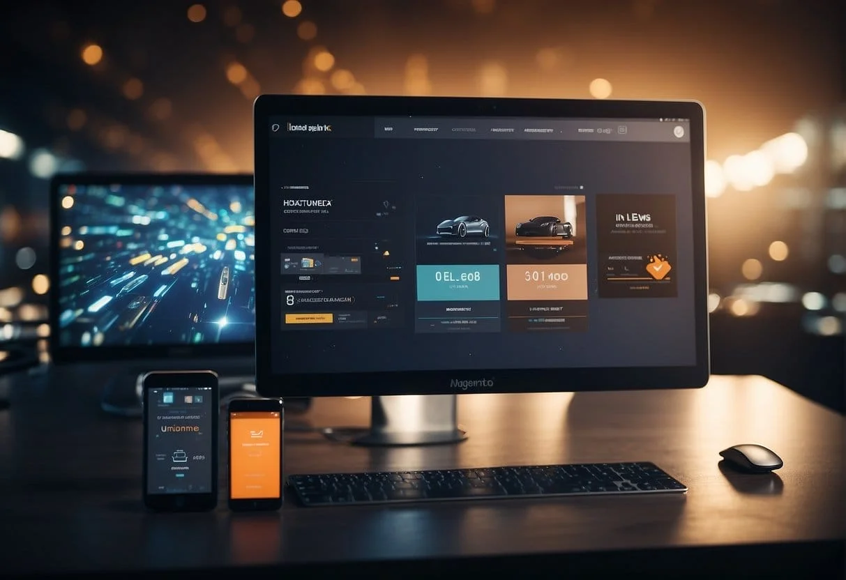 Two powerful platforms, BigCommerce and Magento, face off in a digital arena. Each one vies for dominance, showcasing their unique features and capabilities