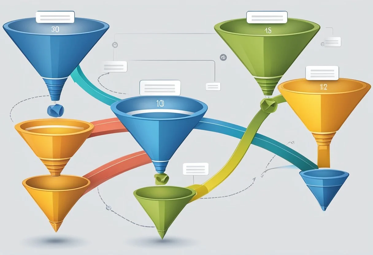 A series of interconnected funnels, representing the stages of the sales process, with leads entering at the top and converting to customers at the bottom