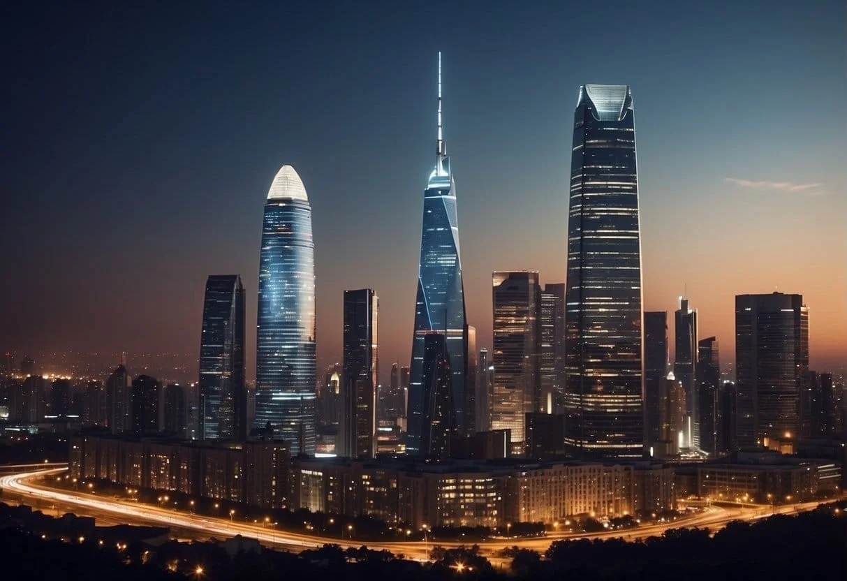 A city skyline with a towering, futuristic high-rise building at the center, surrounded by smaller buildings and bright city lights