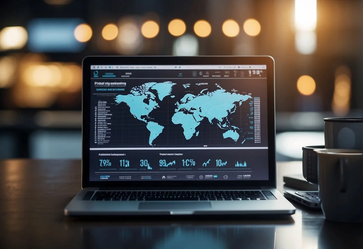 A laptop displaying digital marketing strategies, surrounded by social media icons and analytics charts