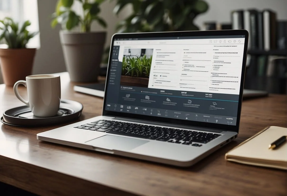 A clean, organized desk with a laptop, notepad, and pen. A one-page marketing plan is open, with clear, concise sections and bullet points
