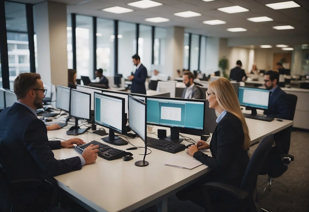 A bustling office with professionals engaged in b2b appointment setting, using phones and computers to build the foundation for business connections