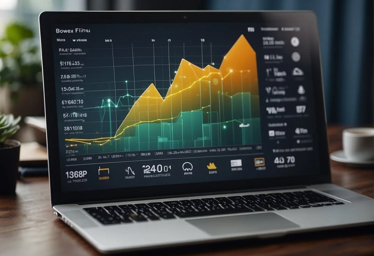 A computer screen displaying a graph with an upward trend, surrounded by icons representing various e-commerce platforms and marketing strategies
