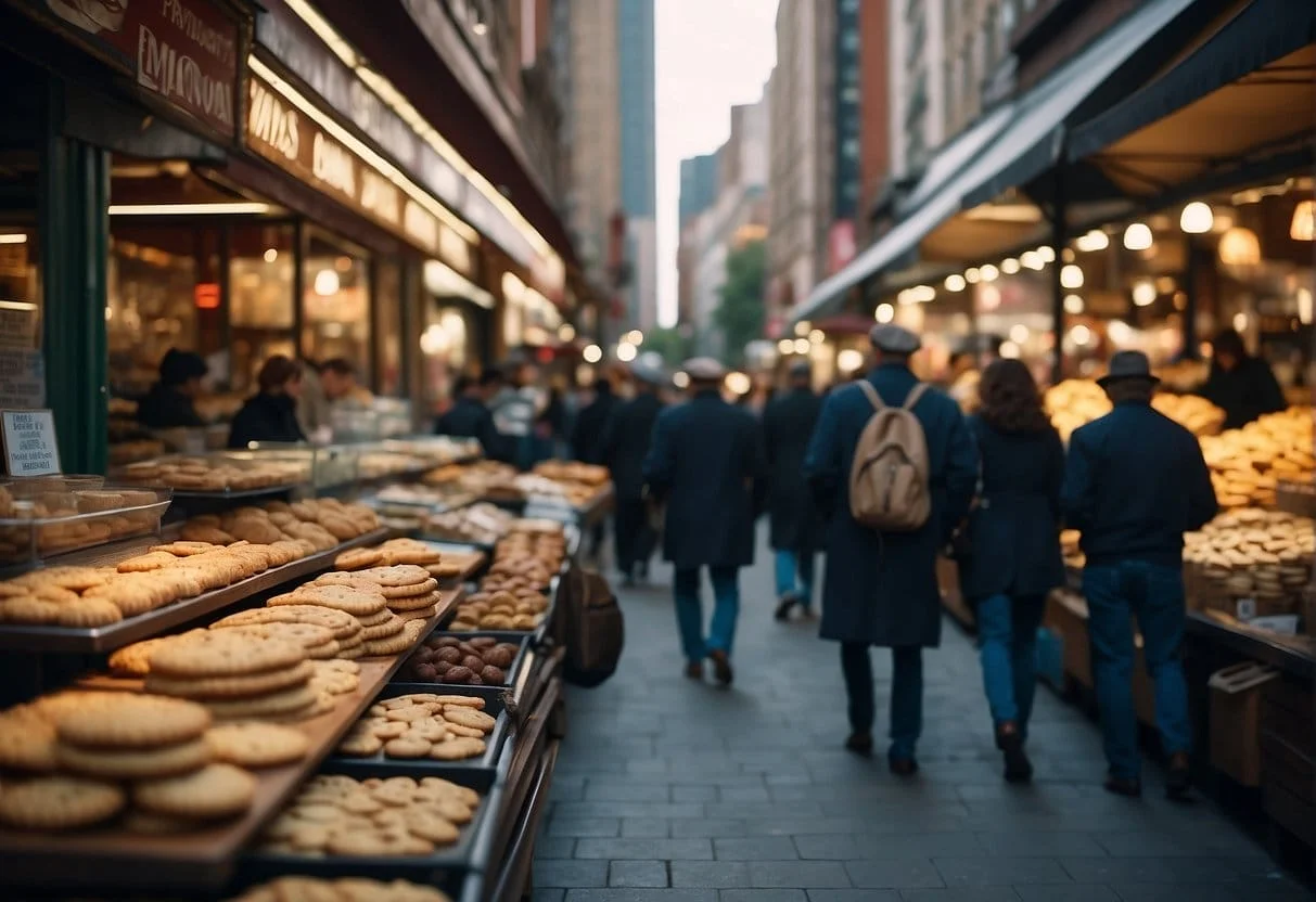 A bustling marketplace in the 20th century, with vendors selling cookies and then transitioning to digital screens promoting cookieless advertising