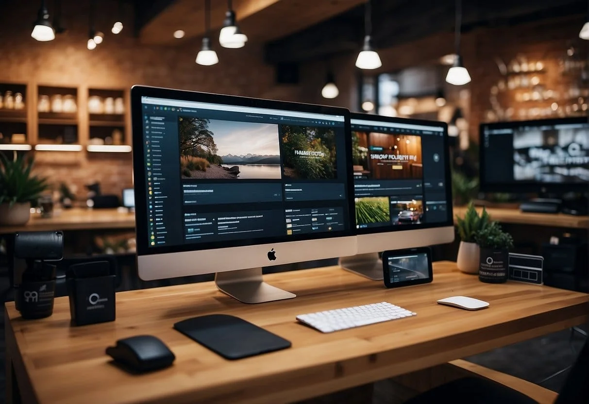 A busy shop with two computer screens showing Shopify and Magento platforms. A designer customizing themes and adding products