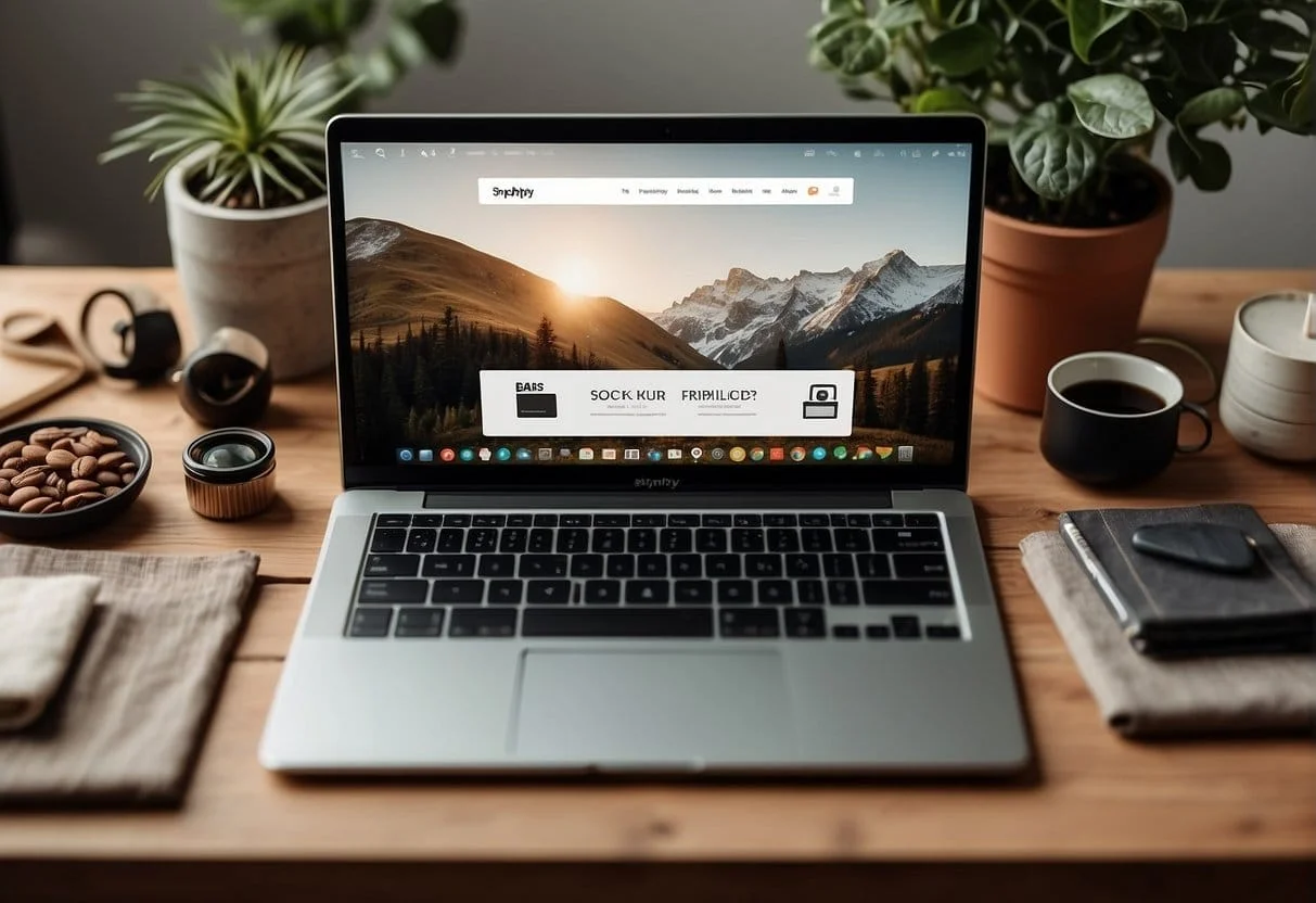 A laptop with Etsy and Shopify websites open, surrounded by various product samples and packaging materials