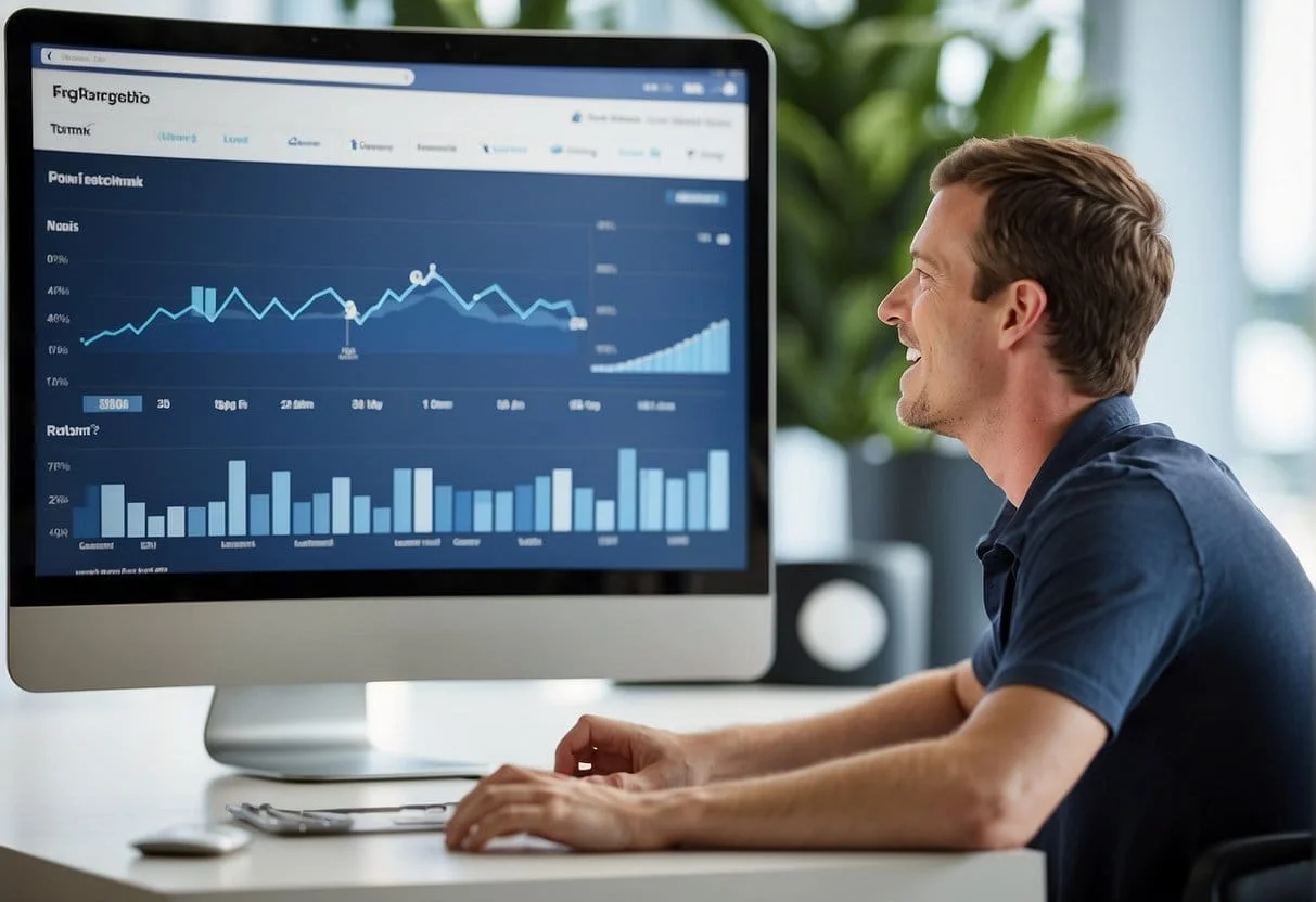 The Facebook Analytics dashboard displays various graphs and charts, showing user engagement, reach, and demographics. The interface is clean and organized, with a color scheme of blue and white