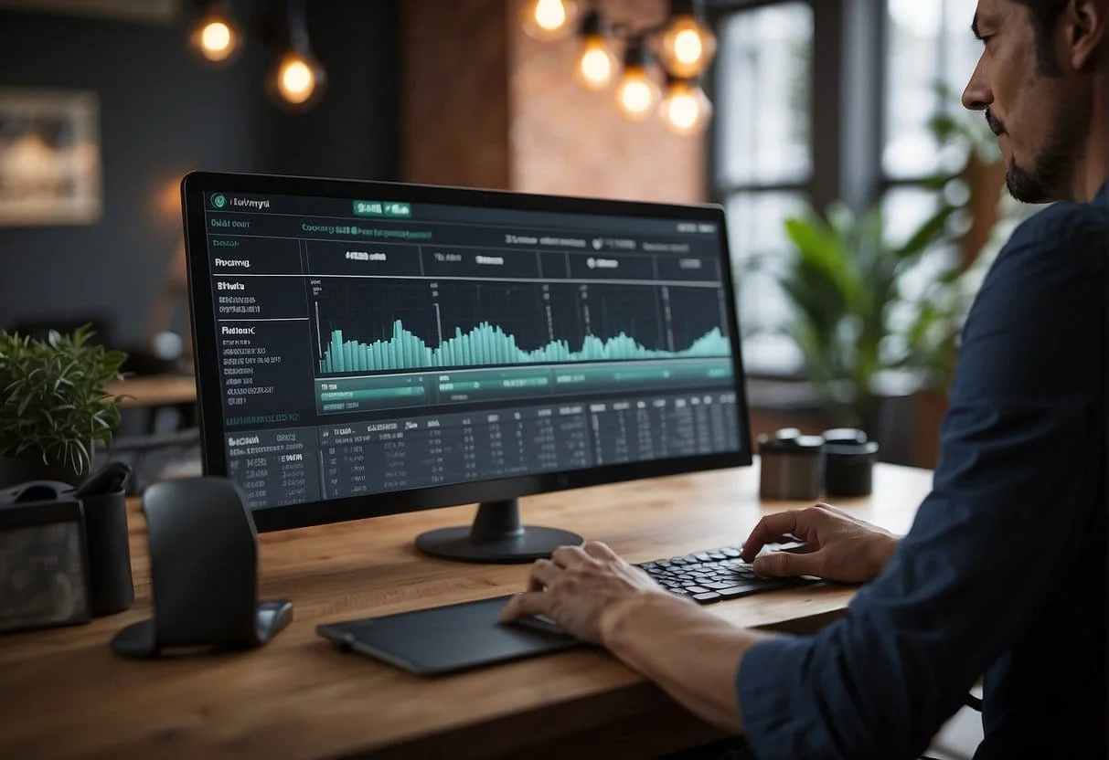 A computer screen displays Klaviyo pricing plans with a chart and comparison of features. A person's hand hovers over the mouse, ready to click