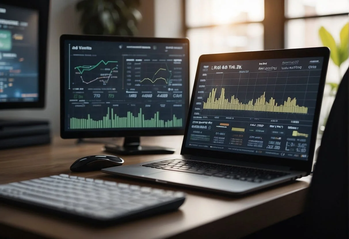 A computer screen displays data charts and graphs, while a clickfunnels ecommerce platform is being tested for performance enhancement