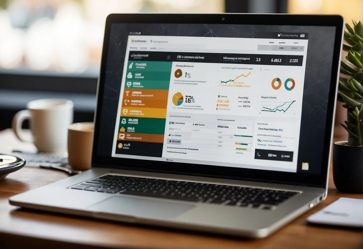 A laptop displaying a clickfunnels dashboard with various affiliate marketing strategies, surrounded by notes and a cup of coffee