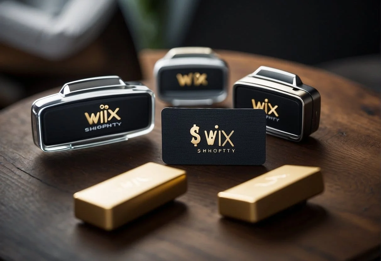A side-by-side comparison of Shopify and Wix logos with price tags. Shopify's tag is higher, while Wix's is lower, indicating the price difference