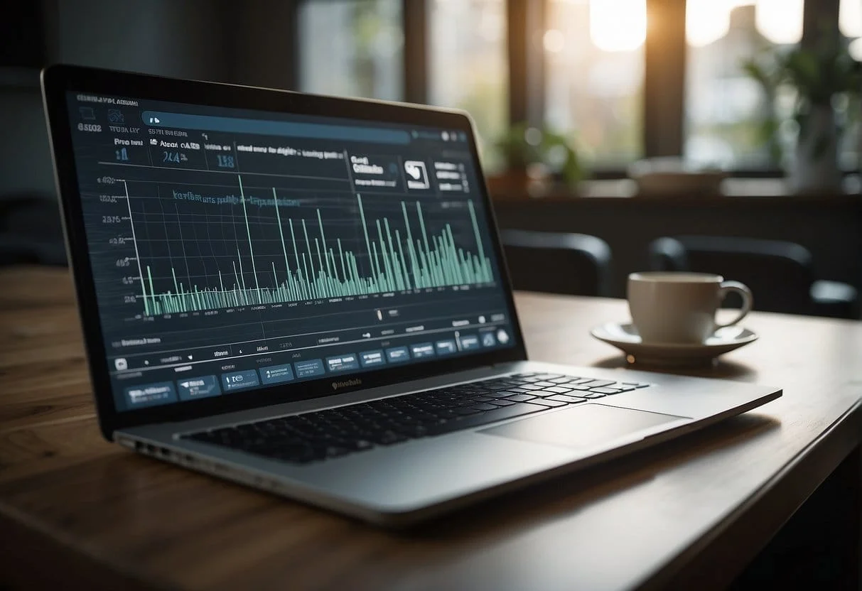 A laptop displaying a graph with rising bars, surrounded by icons of social media platforms and a blog post