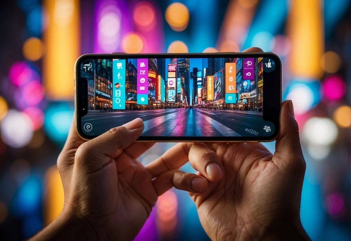 A smartphone displaying TikTok ads, surrounded by colorful graphics and text, with a vibrant and energetic atmosphere