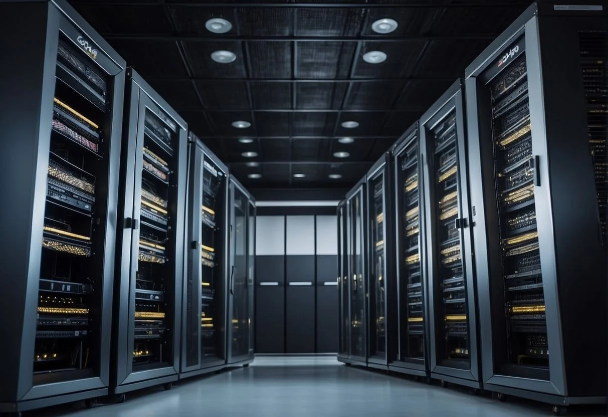 Various deployment options for Zoho Analytics: cloud, on-premises, and hybrid. Server racks, cloud servers, and network connections are visible