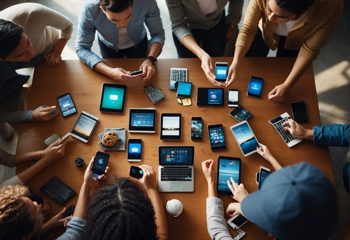 A diverse group of people interacting with digital devices, showing engagement and connection in a post-cookie era
