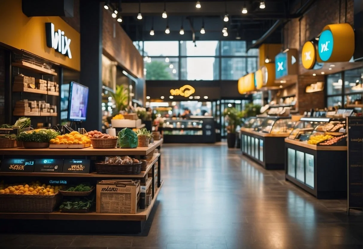 A bustling digital marketplace with Shopify and Wix logos competing for attention. Vibrant colors and modern design elements fill the space