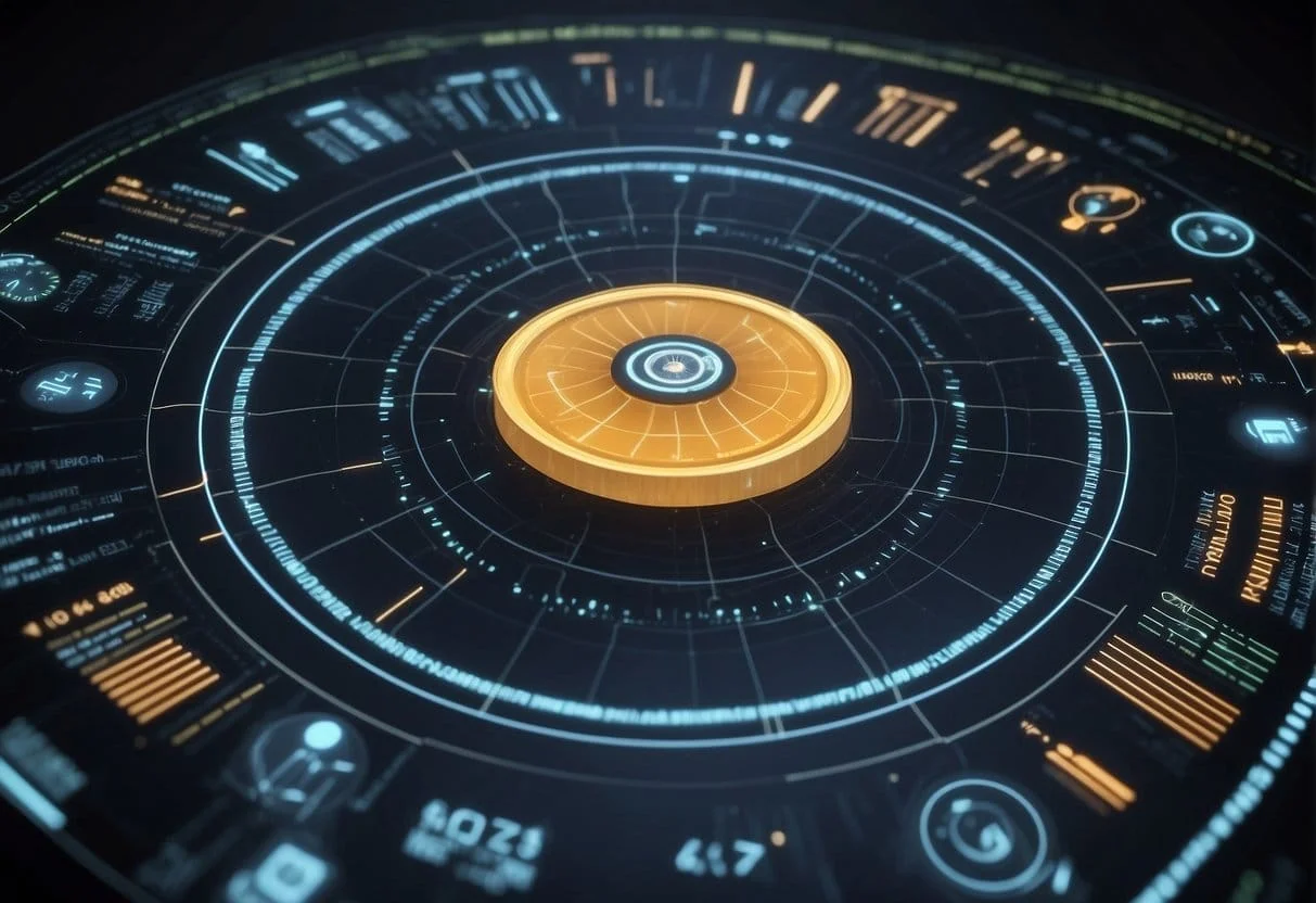 A futuristic interface displays data projections and trends, with cookieless tracking technology at the center. Graphs and charts illustrate the flow of information