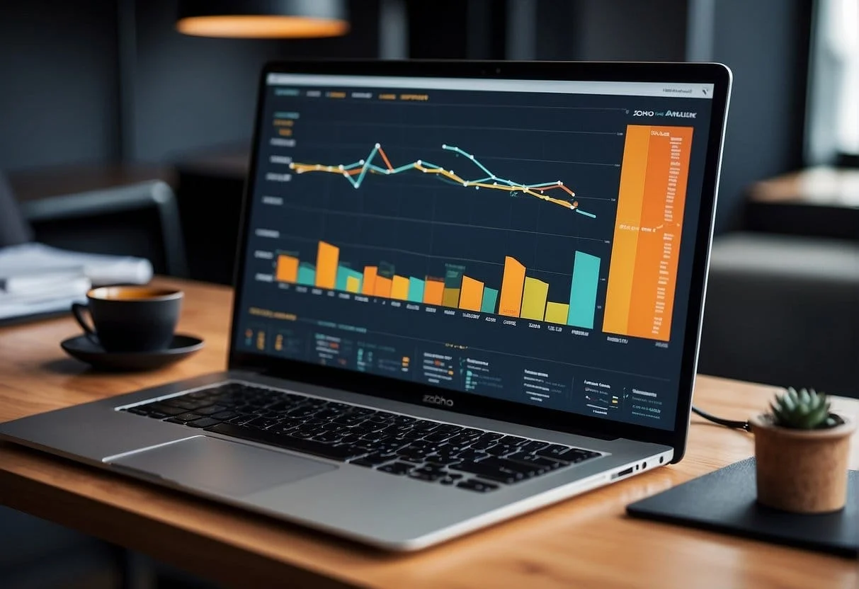 Data visualization of zoho analytics, with colorful graphs and charts displayed on a computer monitor