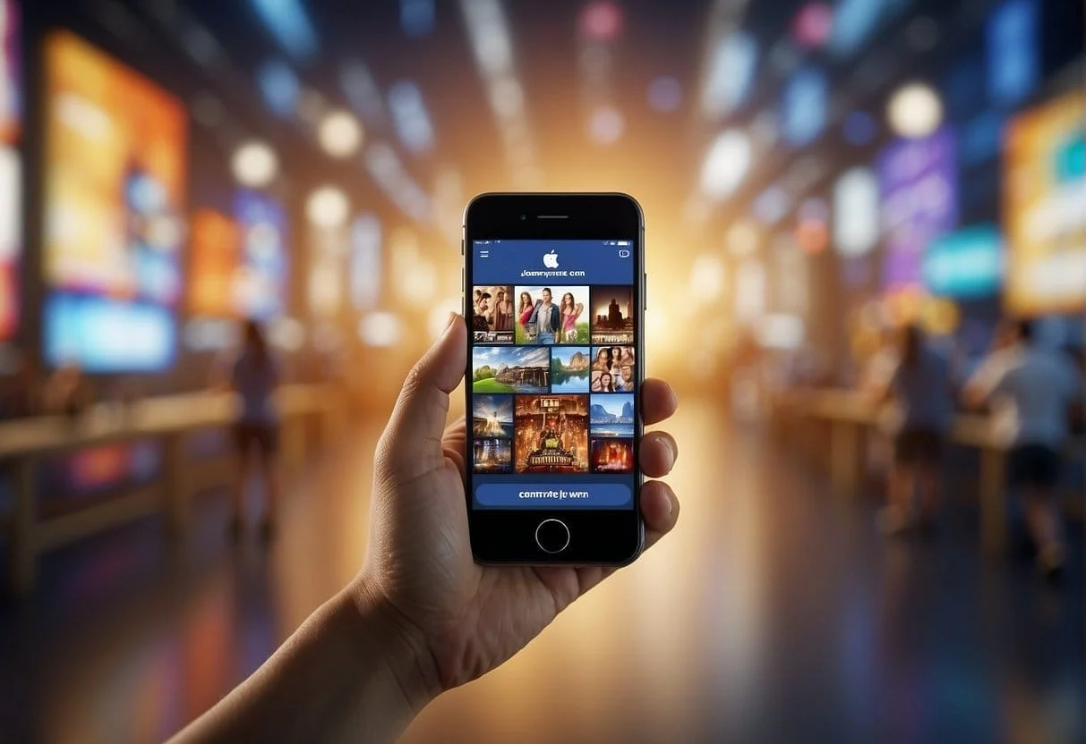 Bright screen with "fb ads" displayed, surrounded by various icons and text. A hand holding a smartphone clicks on the ad