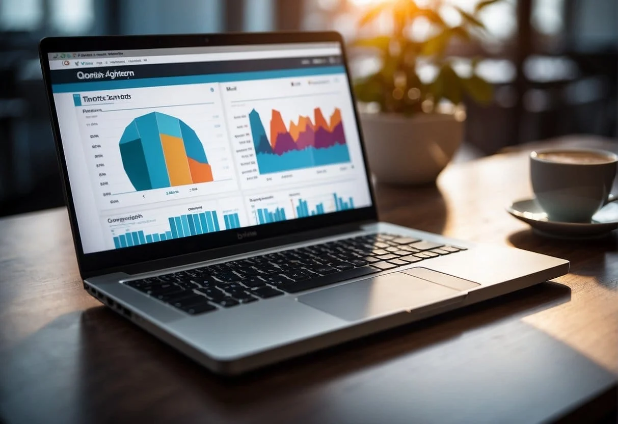 A laptop displaying a well-organized B2B ecommerce website with engaging content and clear call-to-action buttons. Graphs and charts show buyer engagement metrics