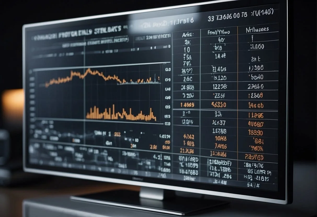 A computer screen displaying a formula with numbers and percentages, surrounded by charts and graphs