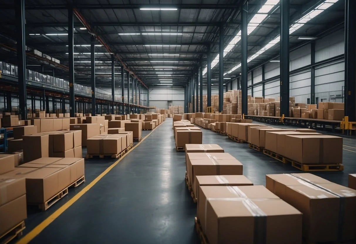 A warehouse with conveyor belts and automated sorting systems, packages moving seamlessly from storage to shipping