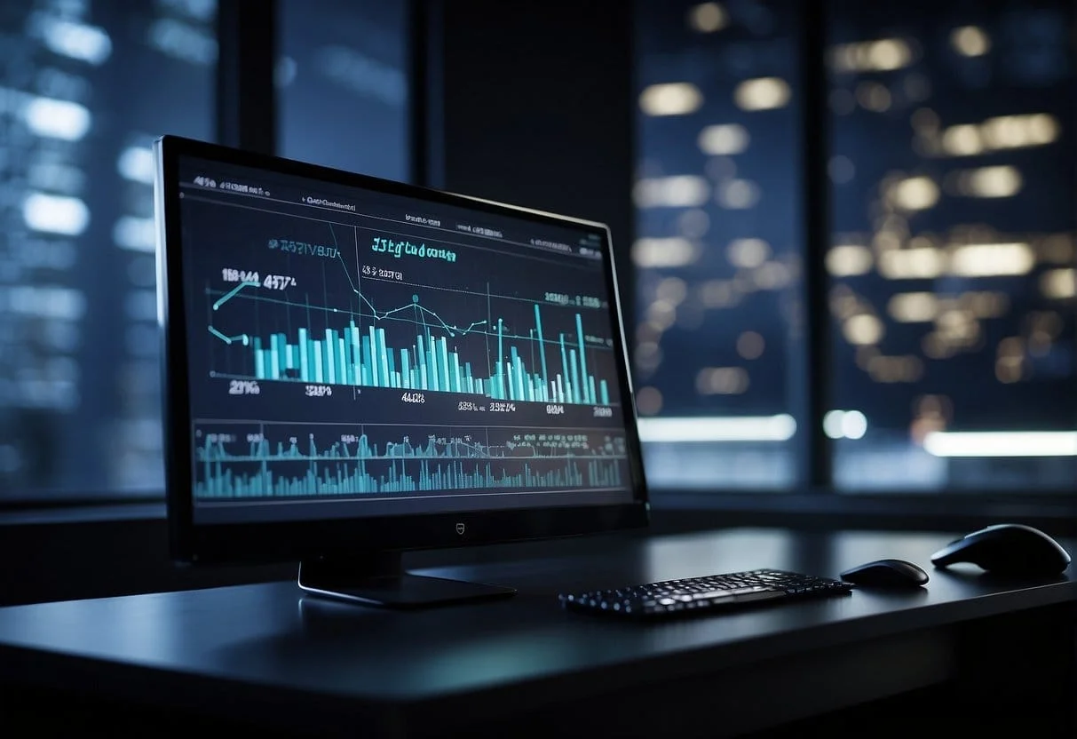 A computer screen displays graphs and charts, with data points and trend lines, representing precision marketing strategies in action