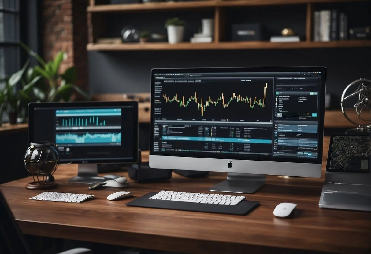 A computer screen with the GoHighLevel platform open, showing the dashboard and various marketing tools. A desk with a keyboard and mouse, surrounded by office supplies