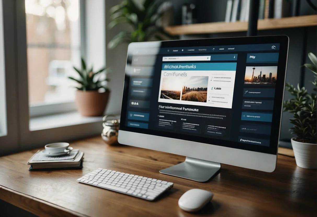 A computer screen displaying a clickfunnels webinar funnel with a series of landing pages, email opt-ins, and thank you pages