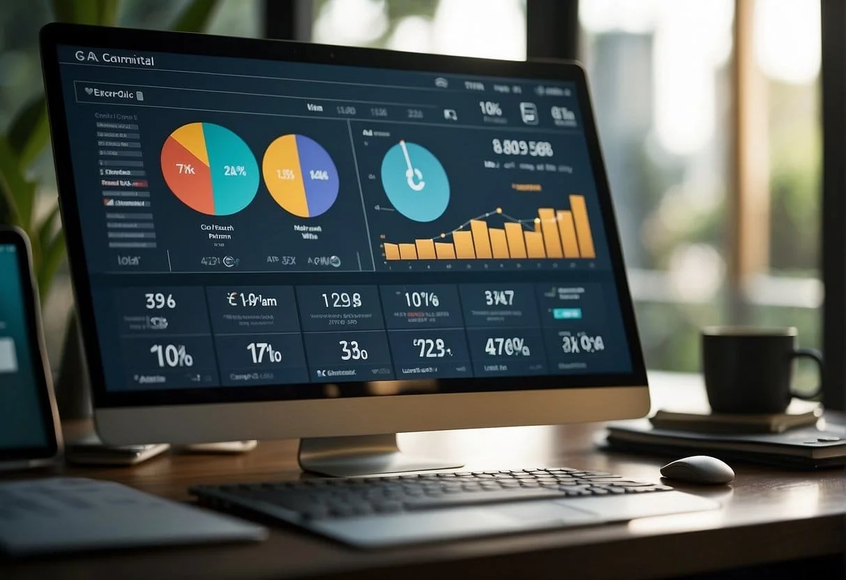 A computer screen displaying a CPA campaign dashboard with various graphs and data, a person's hand clicking on the "launch" button