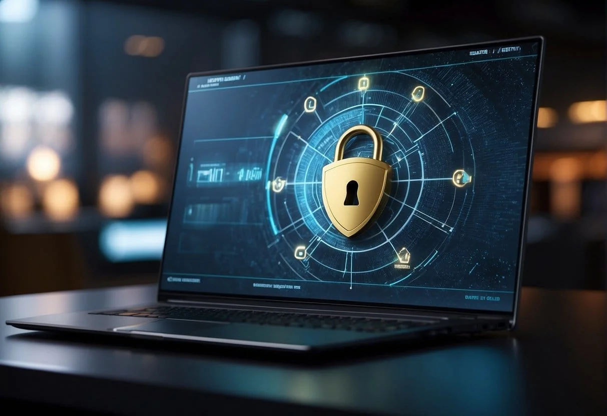 A computer screen displaying a secure data tracking system without cookies, with a lock icon and a shield symbolizing security and data integrity