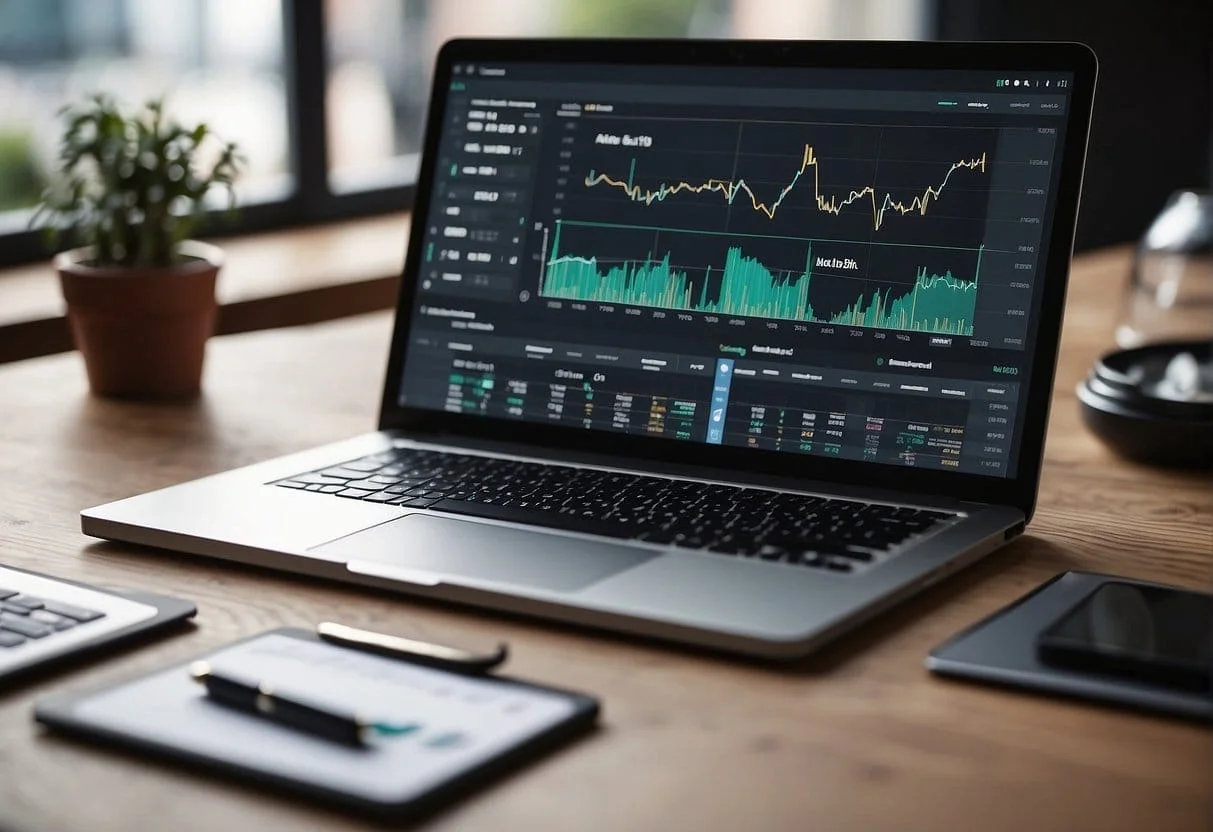 A laptop displaying Adobe Analytics pricing with charts and graphs, surrounded by a variety of digital marketing tools and data analysis software