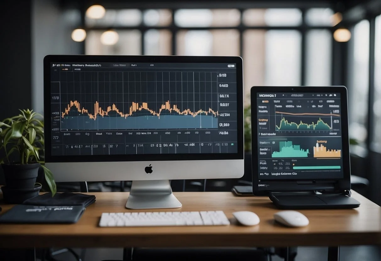 Data charts and graphs display SaaS success metrics like MRR, churn rate, and customer acquisition cost