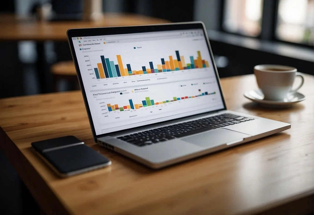An open laptop displaying YouTube analytics graphs and charts. A pen and notepad sit nearby for note-taking