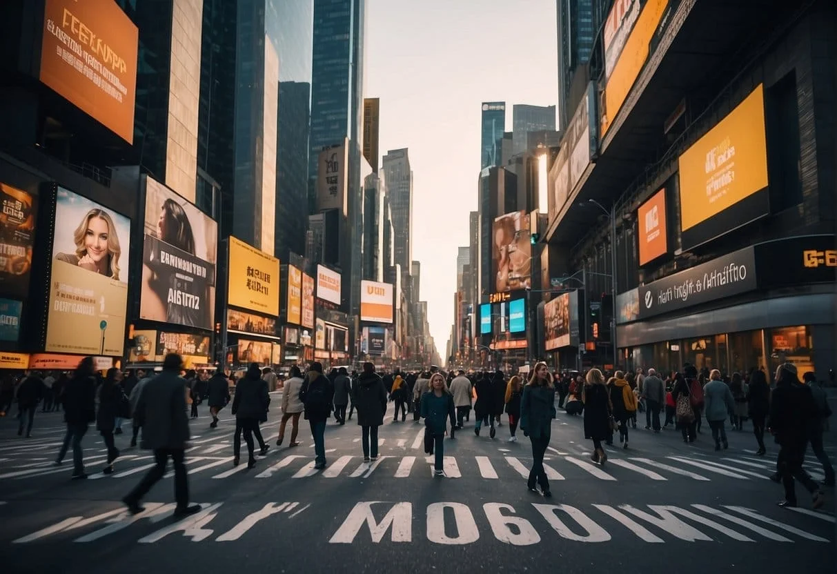 A bustling city street with bright, eye-catching billboards and signs promoting high ticket affiliate marketing products. Traffic flows as people are drawn to the enticing offers