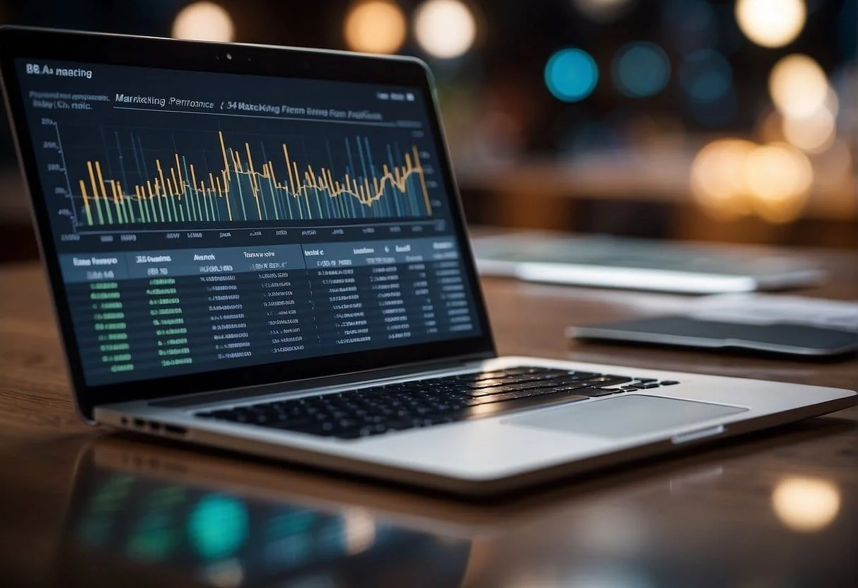 A bar graph shows B2B marketing performance metrics rising steadily. A laptop displays marketing analytics data