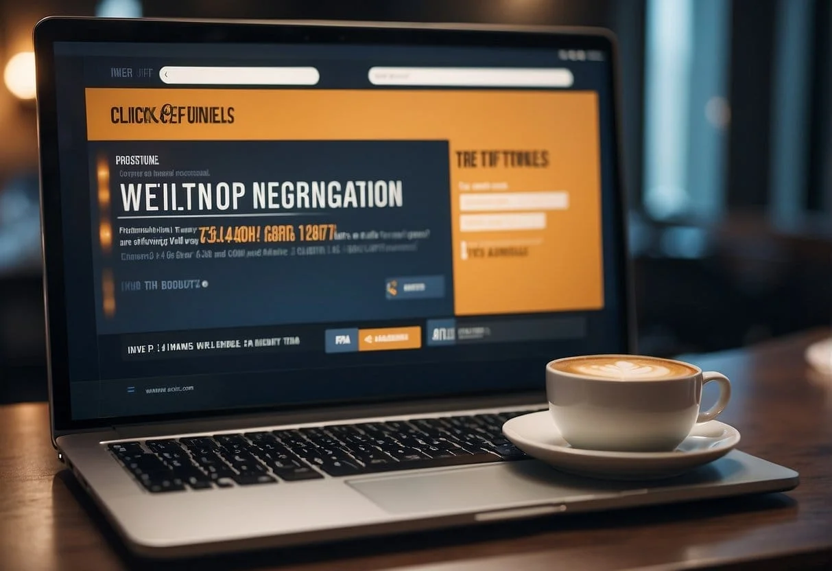 A computer screen displaying a clickfunnels webinar registration page with a progress bar and a call-to-action button