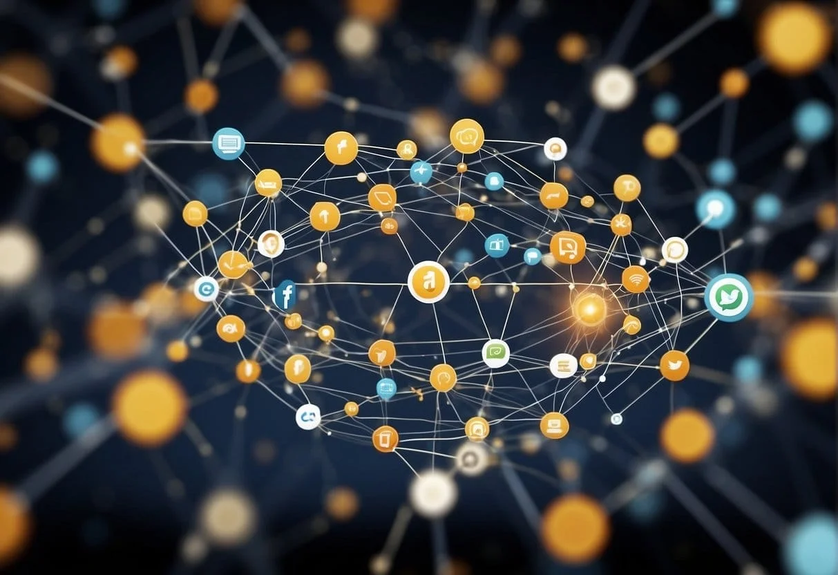 Various marketing channels (e.g. social media, email, website) are interconnected through a network of arrows, symbolizing the flow of attribution across different platforms