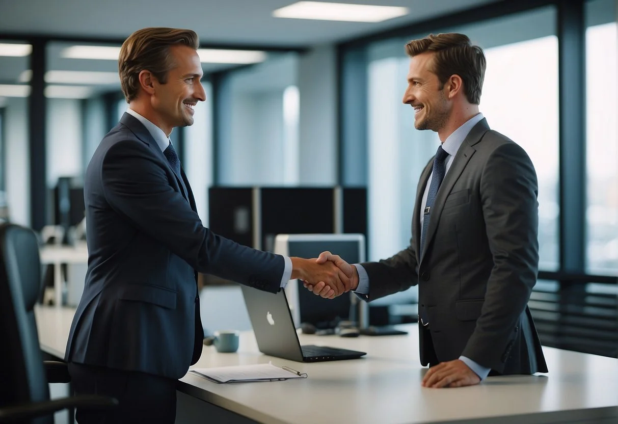 Two business professionals shaking hands in an office setting, with a computer and paperwork on the desk